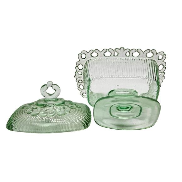 Vintage Green INDIANA Pressed Glass Diamond Point Footed Candy Dish With Lid - Picture 4 of 6